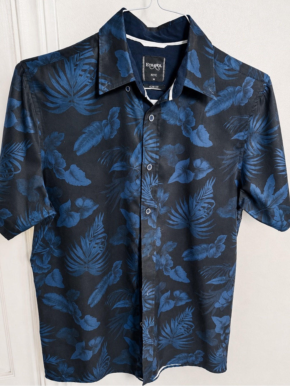 Ethanol NYC Men’s M Slim Fit Navy Blue Tropical Floral Hawaiian Shirt